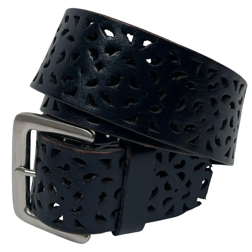 Vintage Genuine Leather Cut Out Floral Belt Womens M Black Wide Boho Western